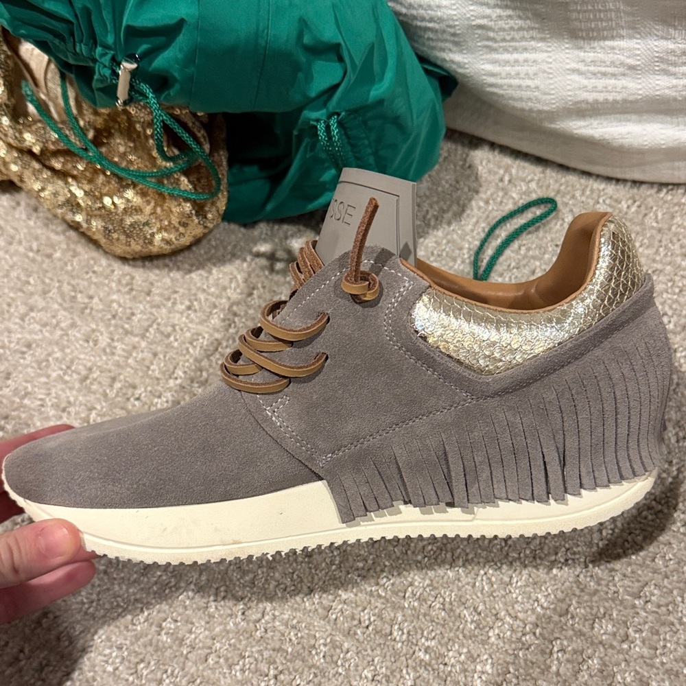 Chic Gray Fringe Sneakers with Gold Details